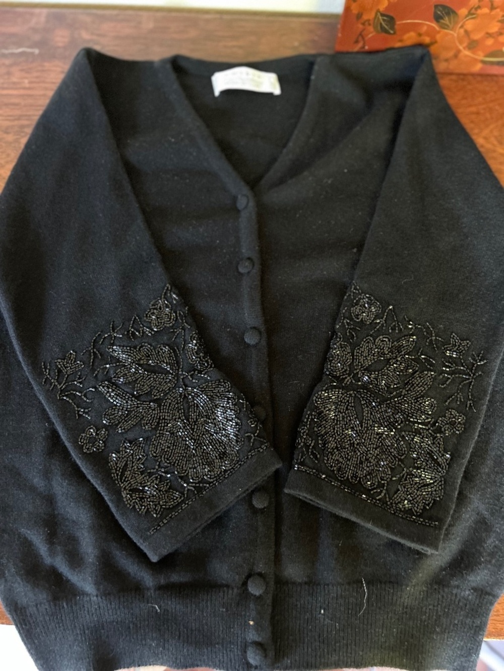 Shirin Black Cashmere Cardigan Beaded Cuffs M Made in Scotland